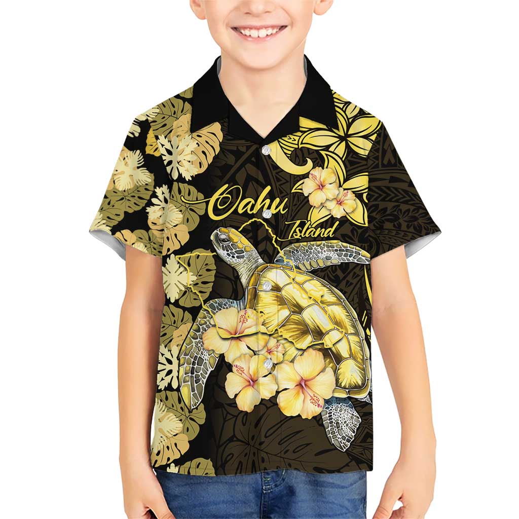 Personalised Aloha Hawaii Oahu Island Kid Hawaiian Shirt Gathering Place Sea Turtle Ilima Flowers LT14 Kid Yellow - Polynesian Pride