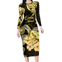 Personalised Aloha Hawaii Oahu Island Long Sleeve Bodycon Dress Gathering Place Sea Turtle Ilima Flowers