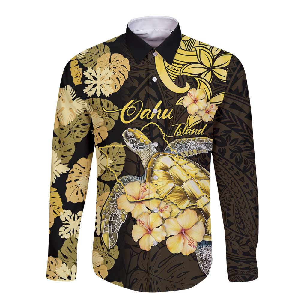 Personalised Aloha Hawaii Oahu Island Long Sleeve Button Shirt Gathering Place Sea Turtle Ilima Flowers LT14 Unisex Yellow - Polynesian Pride