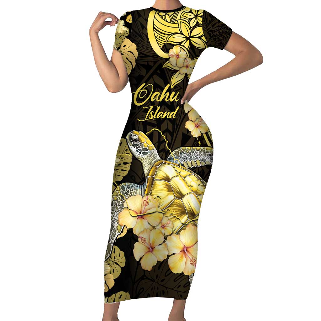 Personalised Aloha Hawaii Oahu Island Short Sleeve Bodycon Dress Gathering Place Sea Turtle Ilima Flowers