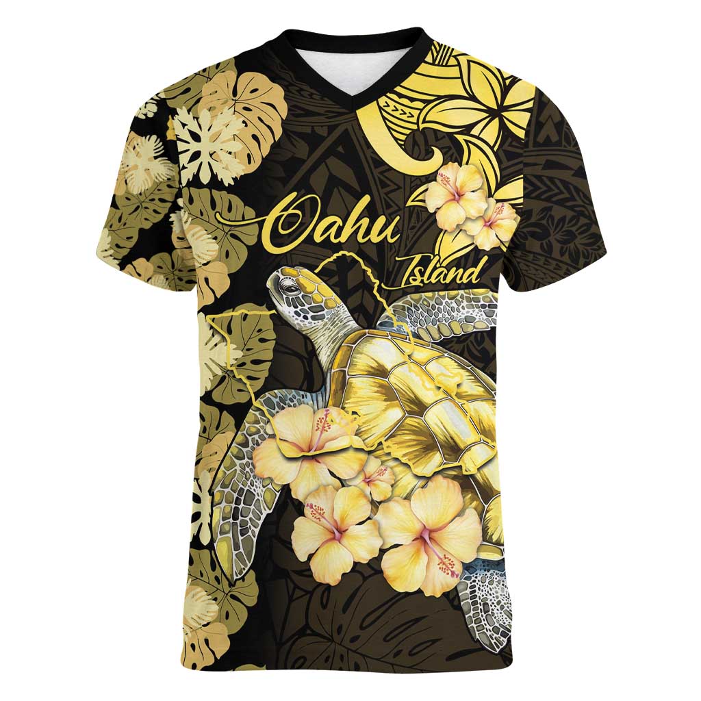 Personalised Aloha Hawaii Oahu Island Women V-Neck T-Shirt Gathering Place Sea Turtle Ilima Flowers