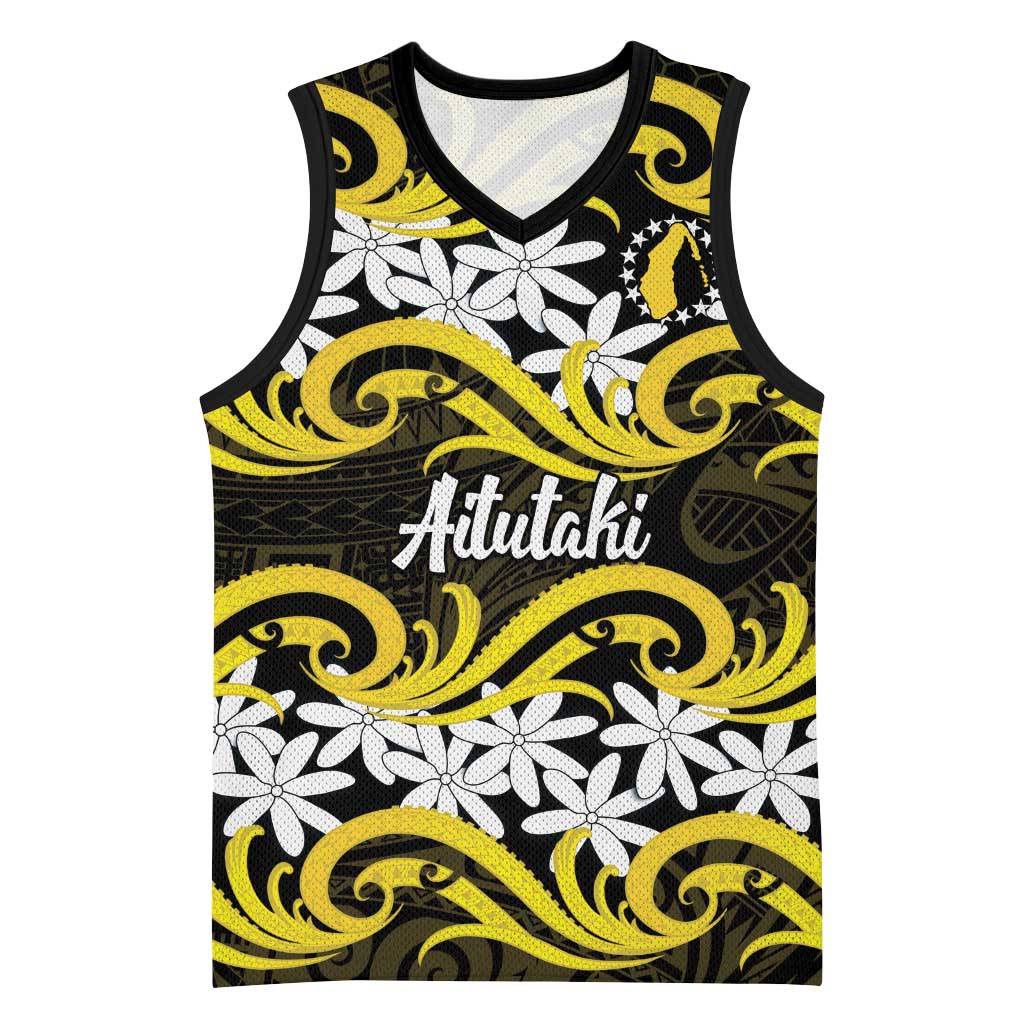 Personalised Cook Islands Aitutaki Basketball Jersey Tiare Maori Polynesian Waves Tattoo LT14 Unisex Yellow - Polynesian Pride