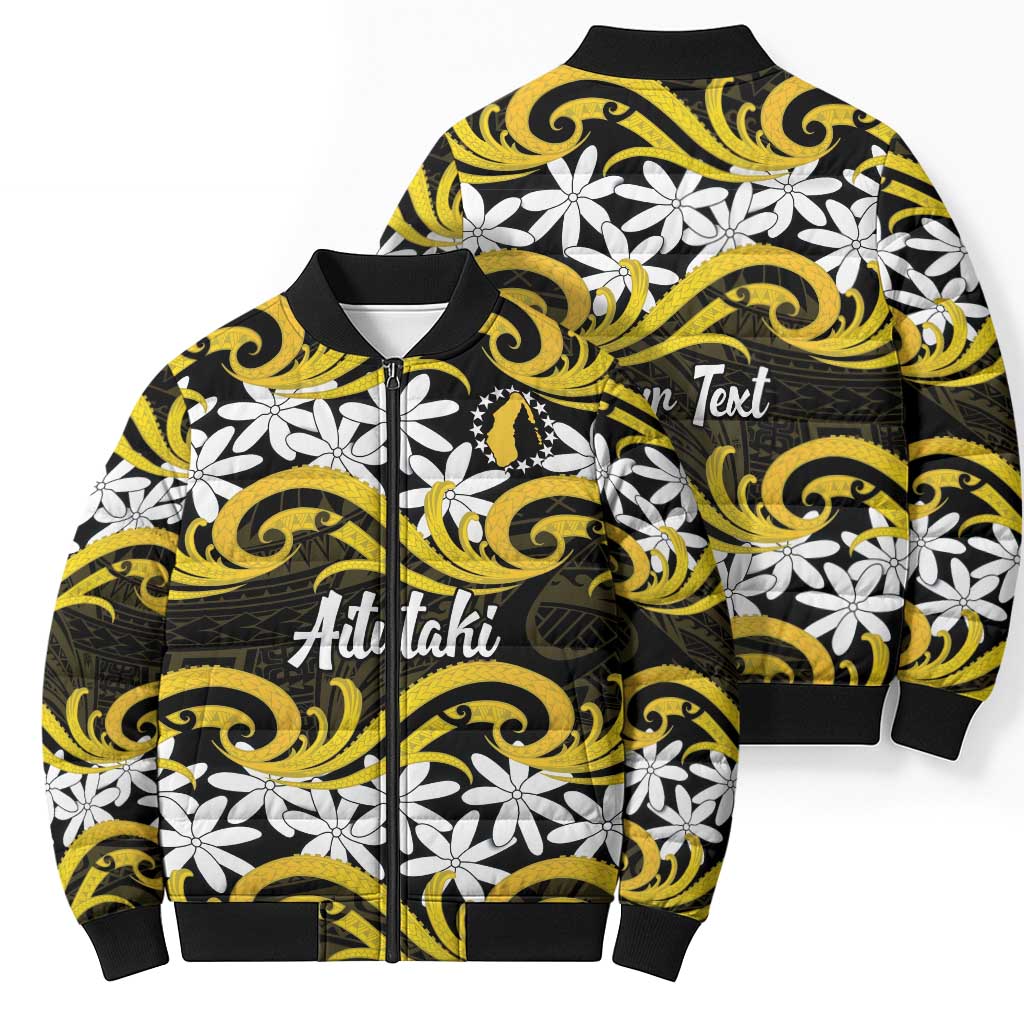 Personalised Cook Islands Aitutaki Bomber Puffer Jacket Tiare Maori Polynesian Waves Tattoo LT14 - Polynesian Pride