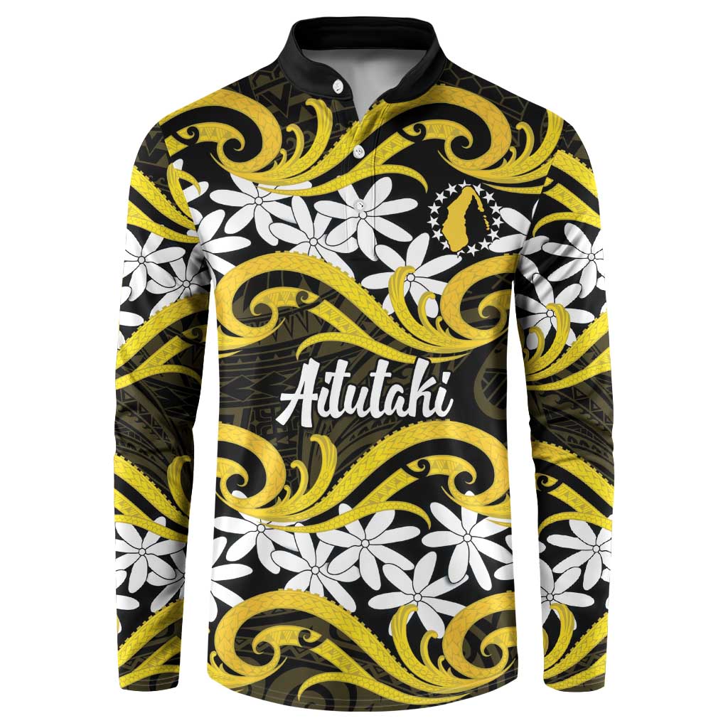 Personalised Cook Islands Aitutaki Button Sweatshirt Tiare Maori Polynesian Waves Tattoo LT14 Yellow - Polynesian Pride