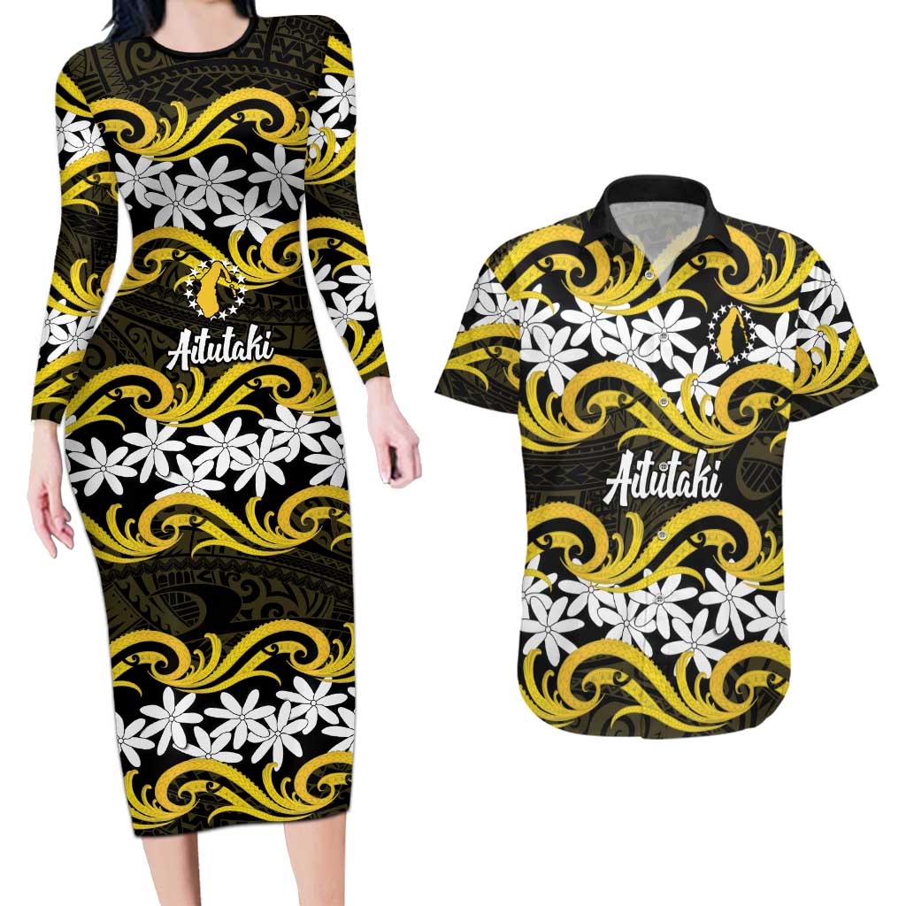 Personalised Cook Islands Aitutaki Couples Matching Long Sleeve Bodycon Dress and Hawaiian Shirt Tiare Maori Polynesian Waves Tattoo