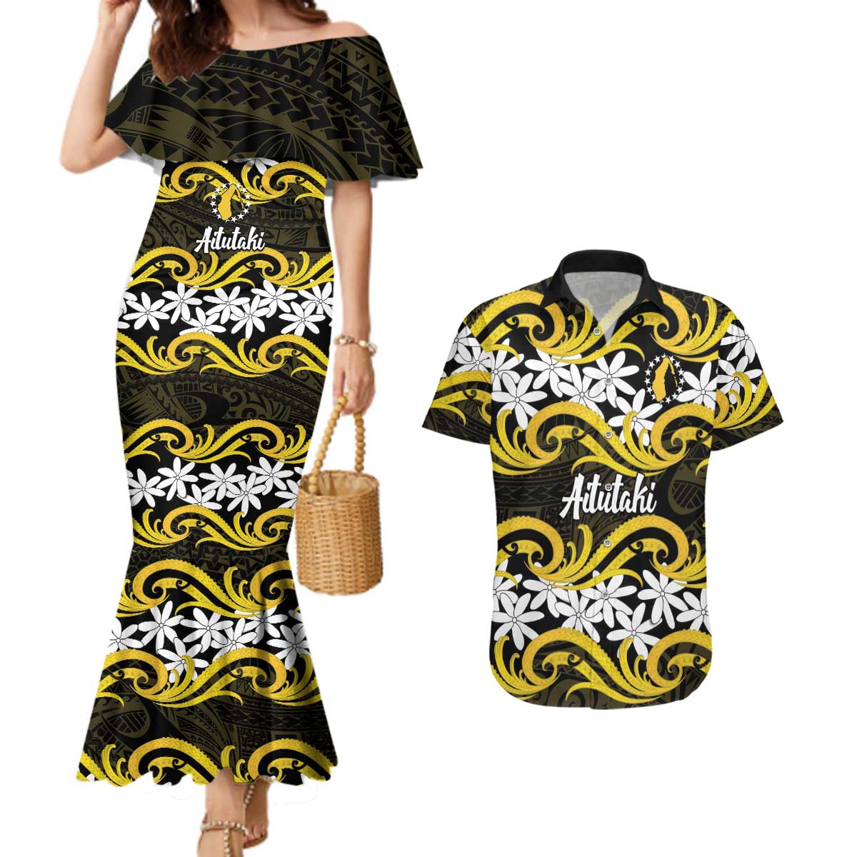 Personalised Cook Islands Aitutaki Couples Matching Mermaid Dress and Hawaiian Shirt Tiare Maori Polynesian Waves Tattoo LT14 Yellow - Polynesian Pride