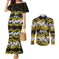 Personalised Cook Islands Aitutaki Couples Matching Mermaid Dress and Long Sleeve Button Shirt Tiare Maori Polynesian Waves Tattoo