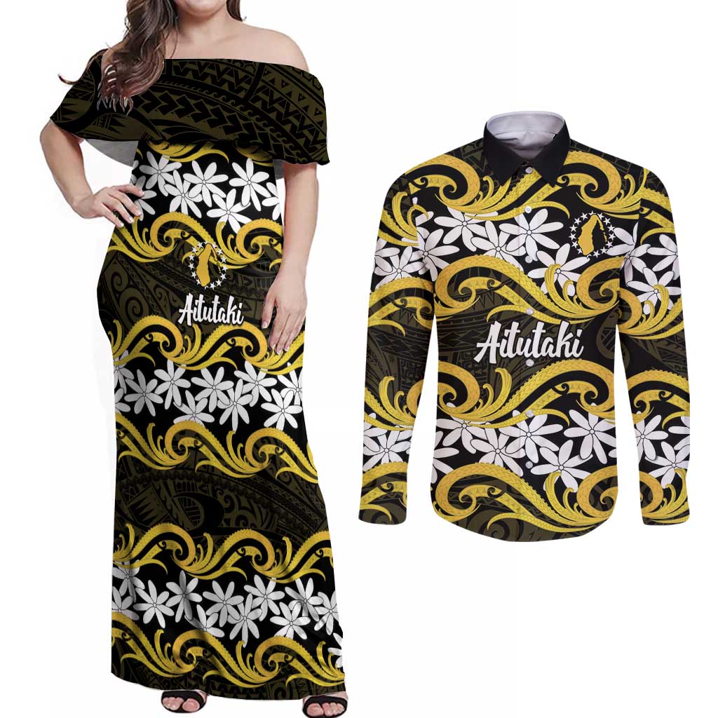 Personalised Cook Islands Aitutaki Couples Matching Off Shoulder Maxi Dress and Long Sleeve Button Shirt Tiare Maori Polynesian Waves Tattoo LT14 Yellow - Polynesian Pride