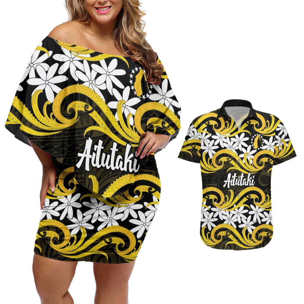 Personalised Cook Islands Aitutaki Couples Matching Off Shoulder Short Dress and Hawaiian Shirt Tiare Maori Polynesian Waves Tattoo LT14 Yellow - Polynesian Pride