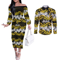 Personalised Cook Islands Aitutaki Couples Matching Off The Shoulder Long Sleeve Dress and Long Sleeve Button Shirt Tiare Maori Polynesian Waves Tattoo