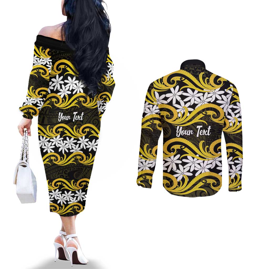 Personalised Cook Islands Aitutaki Couples Matching Off The Shoulder Long Sleeve Dress and Long Sleeve Button Shirt Tiare Maori Polynesian Waves Tattoo