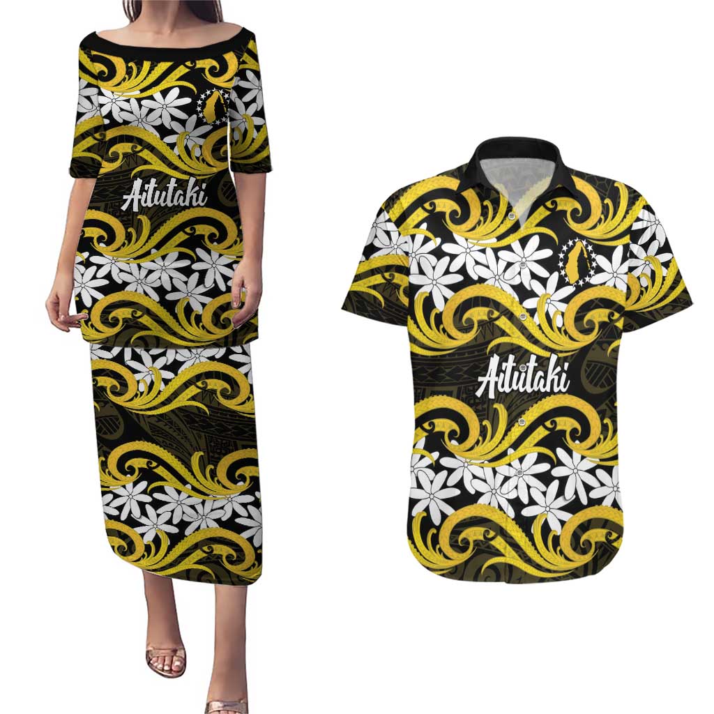 Personalised Cook Islands Aitutaki Couples Matching Puletasi and Hawaiian Shirt Tiare Maori Polynesian Waves Tattoo LT14 Yellow - Polynesian Pride