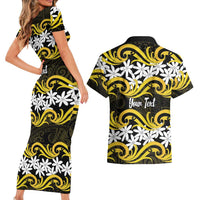 Personalised Cook Islands Aitutaki Couples Matching Short Sleeve Bodycon Dress and Hawaiian Shirt Tiare Maori Polynesian Waves Tattoo
