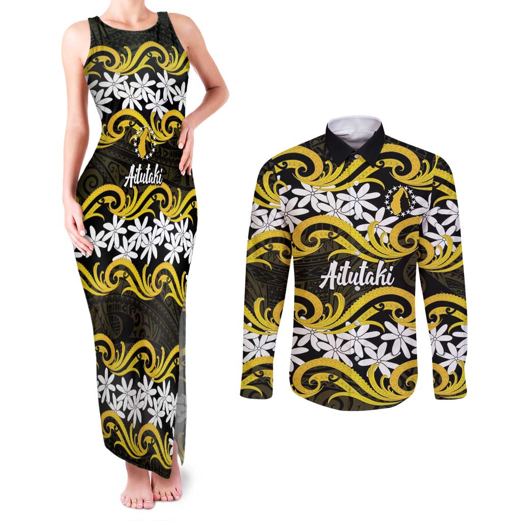 Personalised Cook Islands Aitutaki Couples Matching Tank Maxi Dress and Long Sleeve Button Shirt Tiare Maori Polynesian Waves Tattoo LT14 Yellow - Polynesian Pride