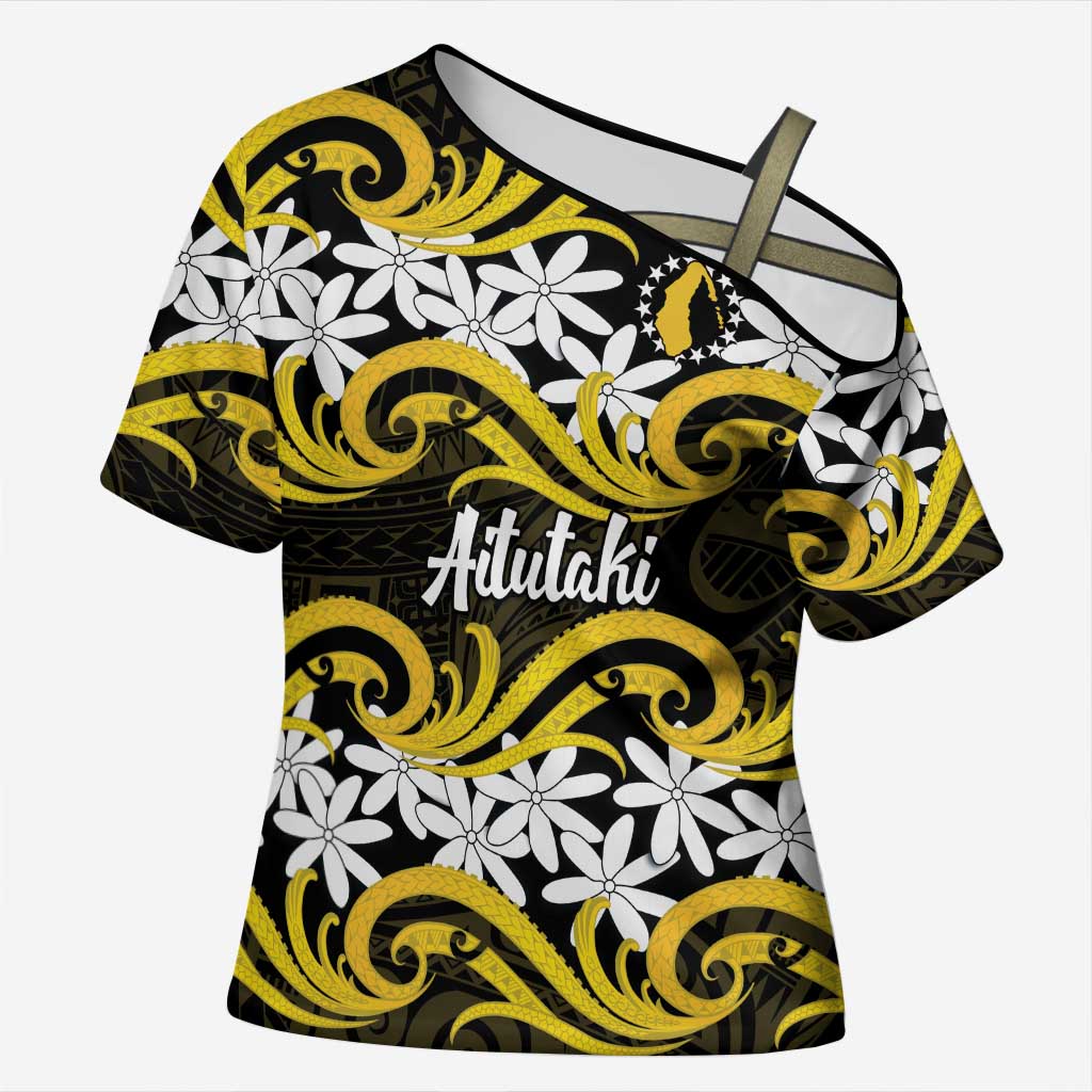 Personalised Cook Islands Aitutaki Cross Shoulder Shirt Tiare Maori Polynesian Waves Tattoo LT14 Female Yellow - Polynesian Pride