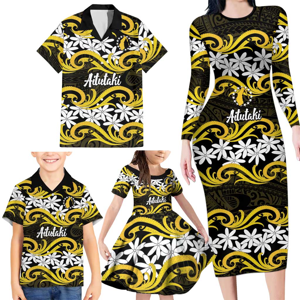 Personalised Cook Islands Aitutaki Family Matching Long Sleeve Bodycon Dress and Hawaiian Shirt Tiare Maori Polynesian Waves Tattoo LT14 - Polynesian Pride