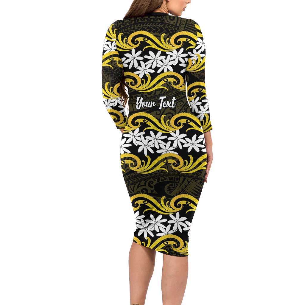Personalised Cook Islands Aitutaki Family Matching Long Sleeve Bodycon Dress and Hawaiian Shirt Tiare Maori Polynesian Waves Tattoo