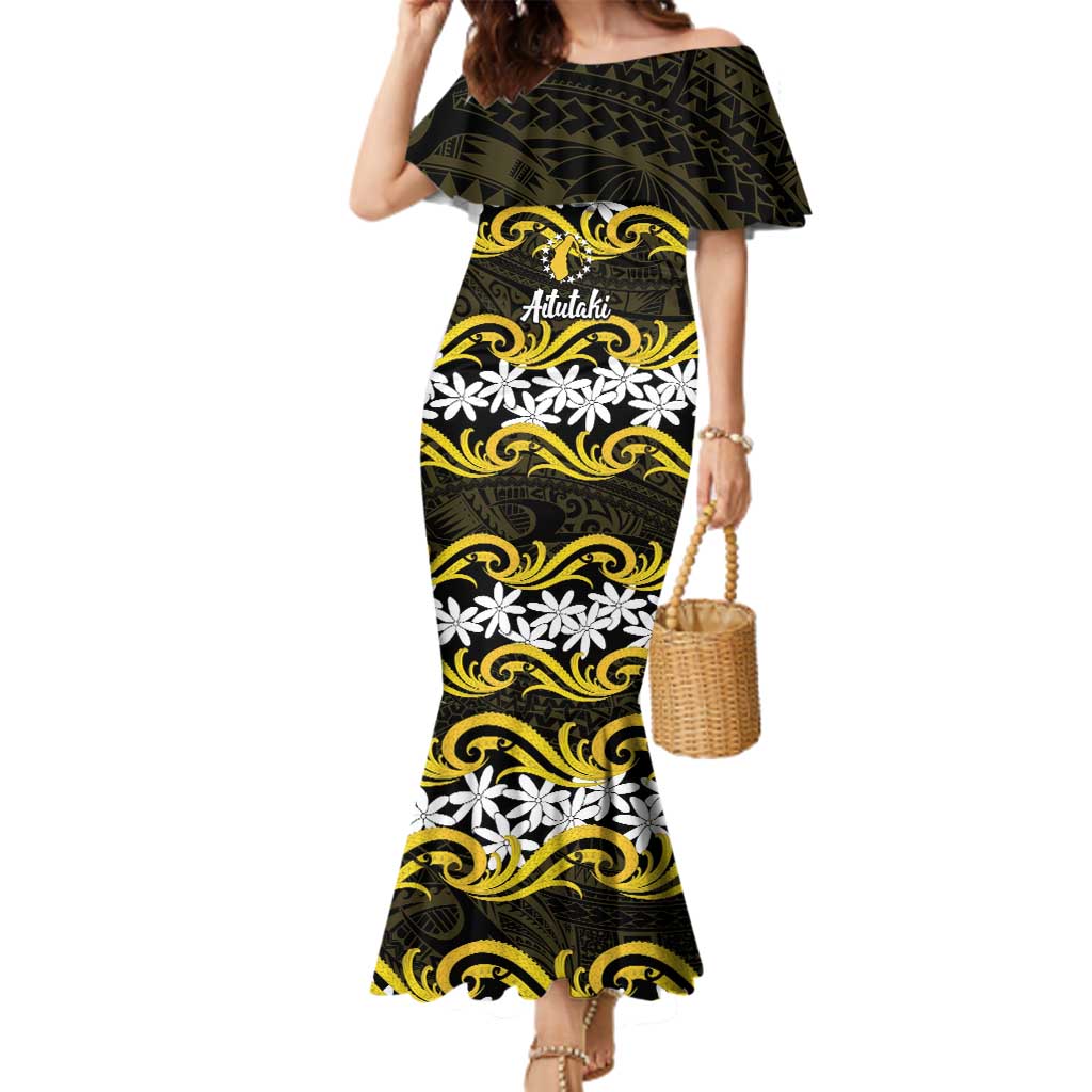 Personalised Cook Islands Aitutaki Family Matching Mermaid Dress and Hawaiian Shirt Tiare Maori Polynesian Waves Tattoo