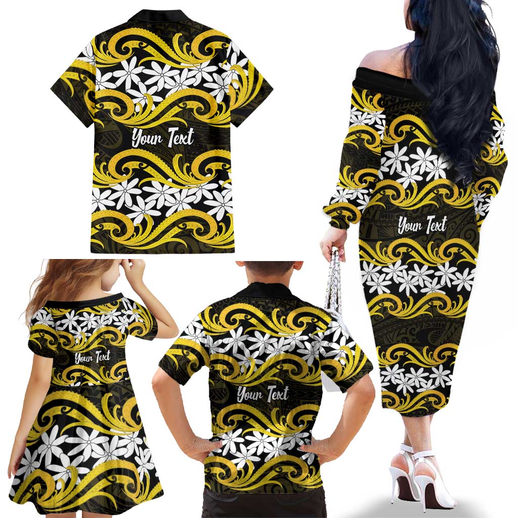 Personalised Cook Islands Aitutaki Family Matching Off The Shoulder Long Sleeve Dress and Hawaiian Shirt Tiare Maori Polynesian Waves Tattoo