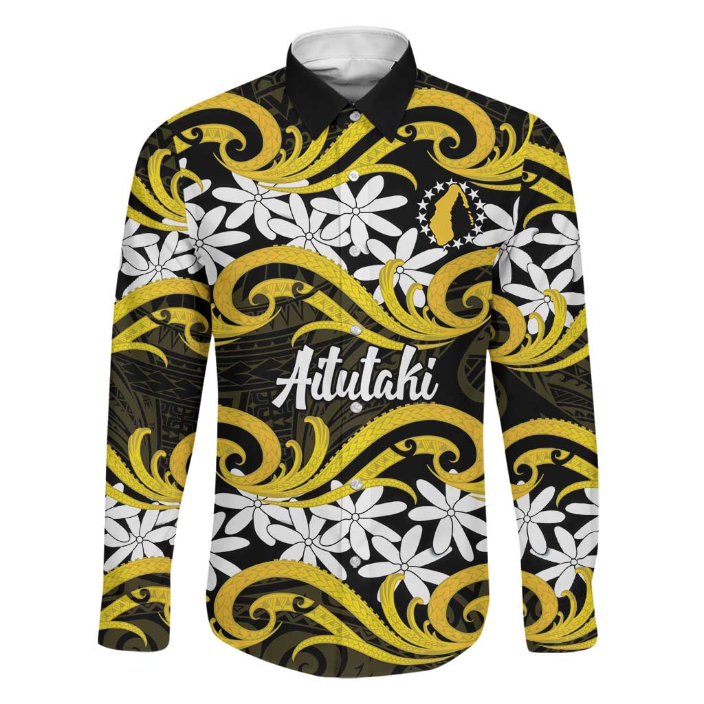 Personalised Cook Islands Aitutaki Family Matching Off The Shoulder Long Sleeve Dress and Hawaiian Shirt Tiare Maori Polynesian Waves Tattoo
