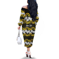 Personalised Cook Islands Aitutaki Family Matching Off The Shoulder Long Sleeve Dress and Hawaiian Shirt Tiare Maori Polynesian Waves Tattoo