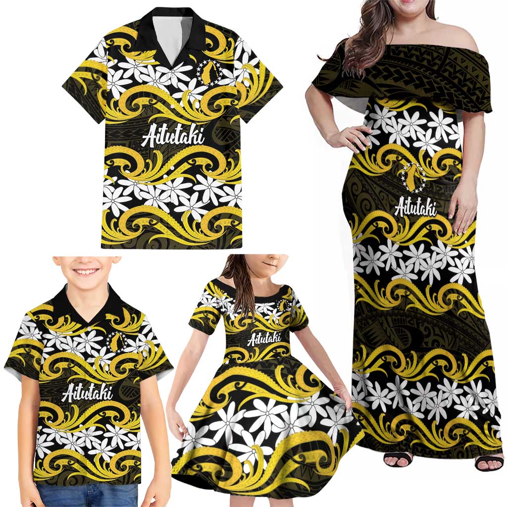 Personalised Cook Islands Aitutaki Family Matching Off Shoulder Maxi Dress and Hawaiian Shirt Tiare Maori Polynesian Waves Tattoo LT14 - Polynesian Pride