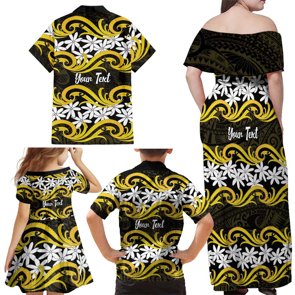 Personalised Cook Islands Aitutaki Family Matching Off Shoulder Maxi Dress and Hawaiian Shirt Tiare Maori Polynesian Waves Tattoo
