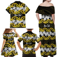 Personalised Cook Islands Aitutaki Family Matching Off Shoulder Maxi Dress and Hawaiian Shirt Tiare Maori Polynesian Waves Tattoo