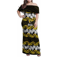 Personalised Cook Islands Aitutaki Family Matching Off Shoulder Maxi Dress and Hawaiian Shirt Tiare Maori Polynesian Waves Tattoo