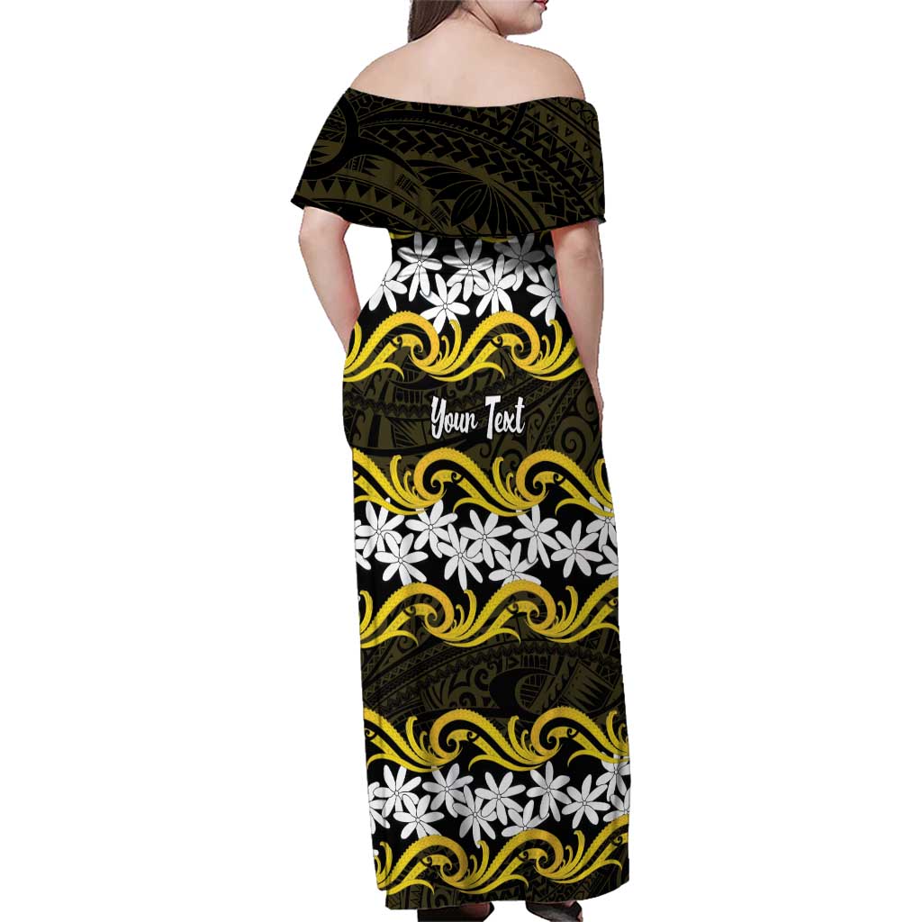 Personalised Cook Islands Aitutaki Family Matching Off Shoulder Maxi Dress and Hawaiian Shirt Tiare Maori Polynesian Waves Tattoo