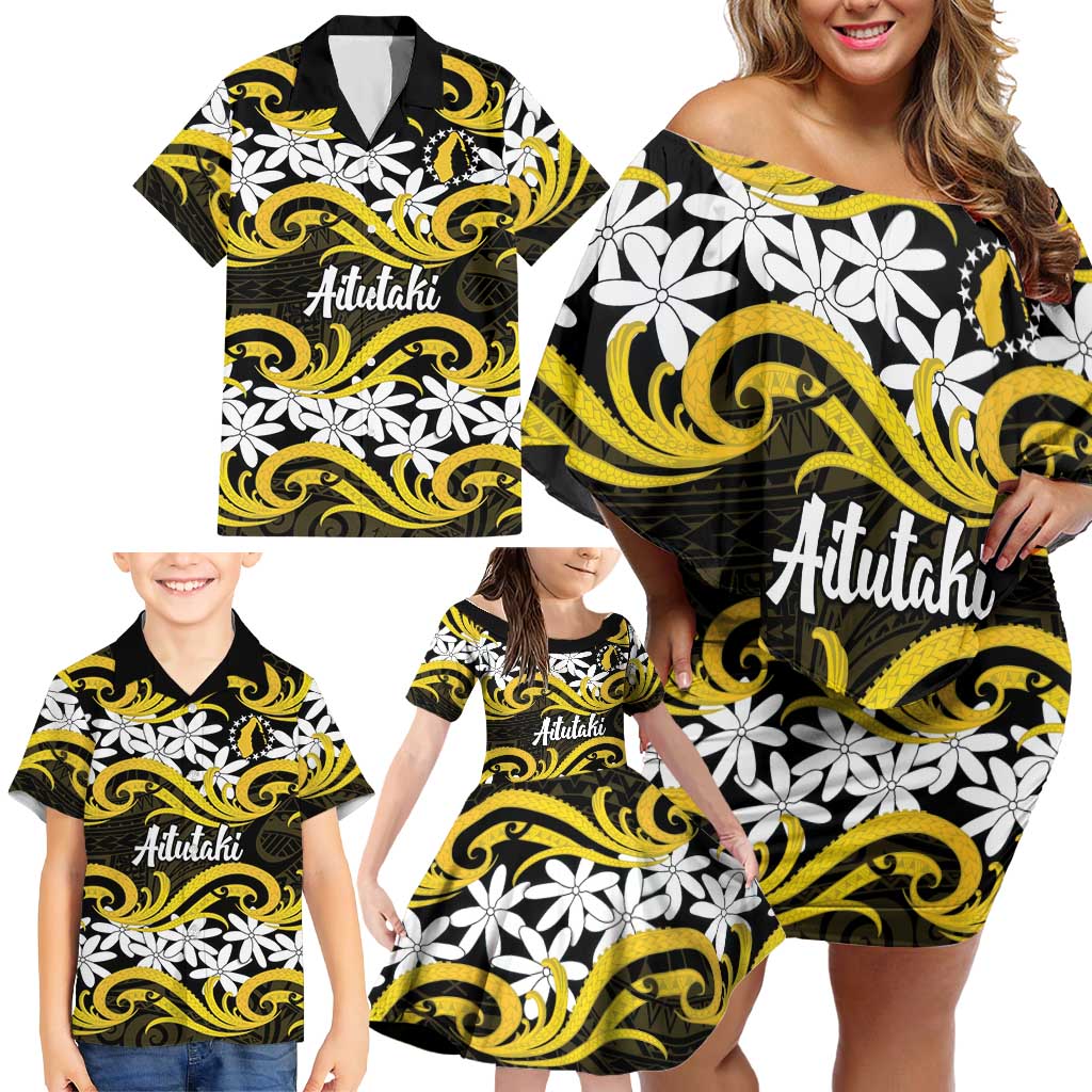 Personalised Cook Islands Aitutaki Family Matching Off Shoulder Short Dress and Hawaiian Shirt Tiare Maori Polynesian Waves Tattoo LT14 - Polynesian Pride