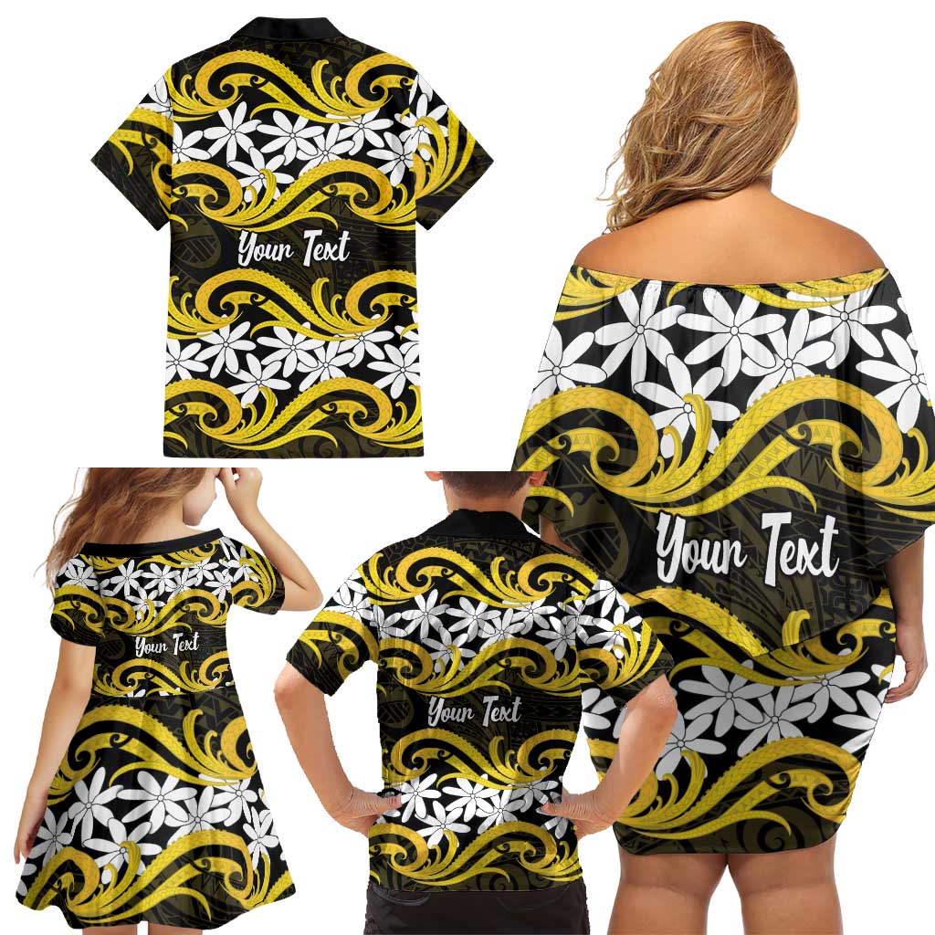 Personalised Cook Islands Aitutaki Family Matching Off Shoulder Short Dress and Hawaiian Shirt Tiare Maori Polynesian Waves Tattoo