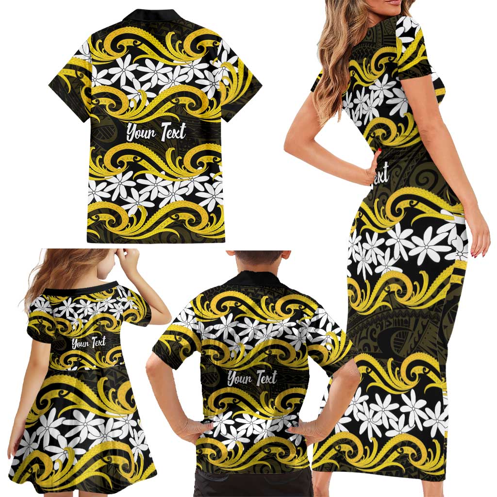 Personalised Cook Islands Aitutaki Family Matching Short Sleeve Bodycon Dress and Hawaiian Shirt Tiare Maori Polynesian Waves Tattoo