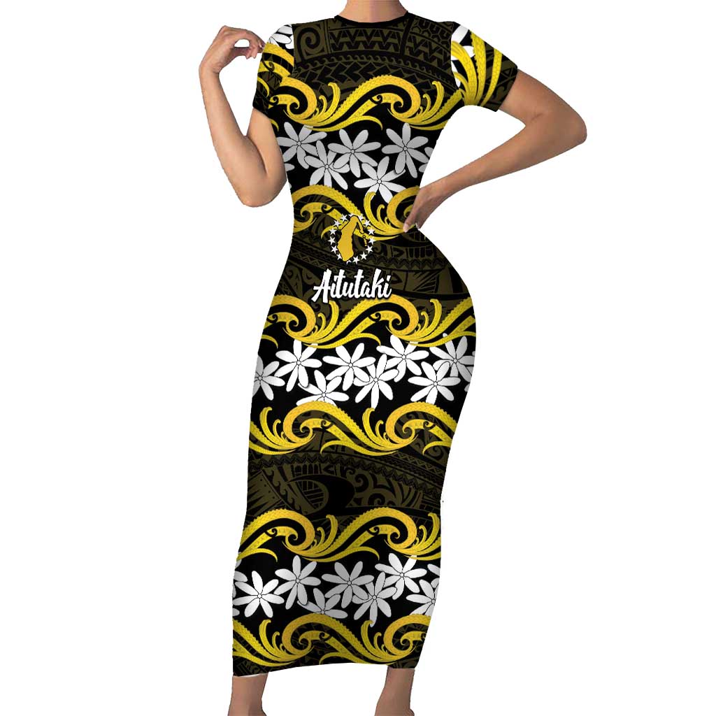 Personalised Cook Islands Aitutaki Family Matching Short Sleeve Bodycon Dress and Hawaiian Shirt Tiare Maori Polynesian Waves Tattoo
