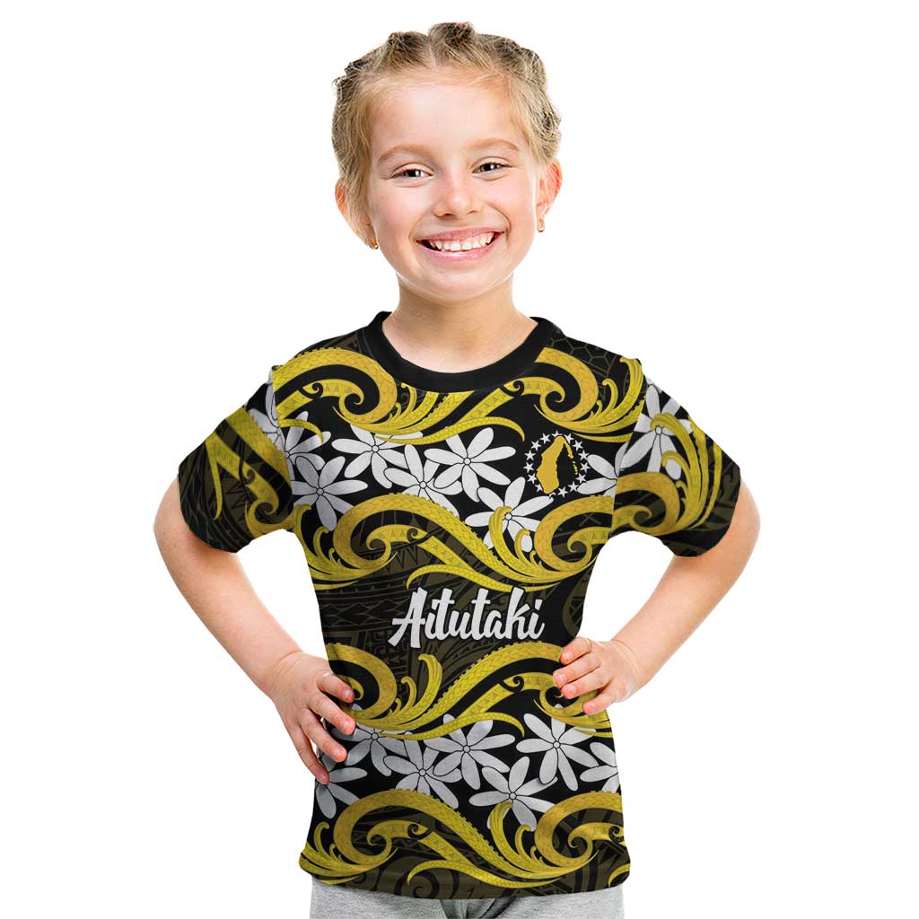 Personalised Cook Islands Aitutaki Kid T Shirt Tiare Maori Polynesian Waves Tattoo LT14 Yellow - Polynesian Pride