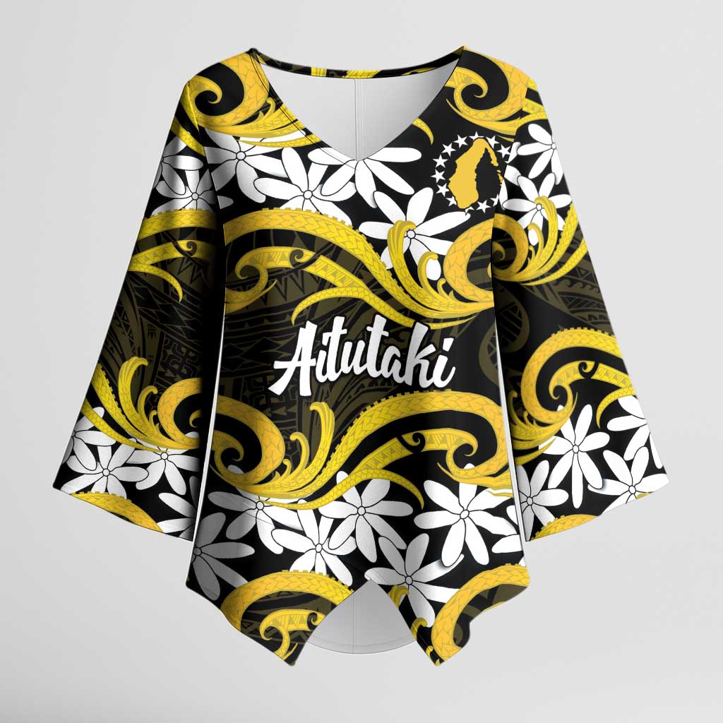 Personalised Cook Islands Aitutaki Kimono Sleeve Blouse Tiare Maori Polynesian Waves Tattoo LT14 Female Yellow - Polynesian Pride