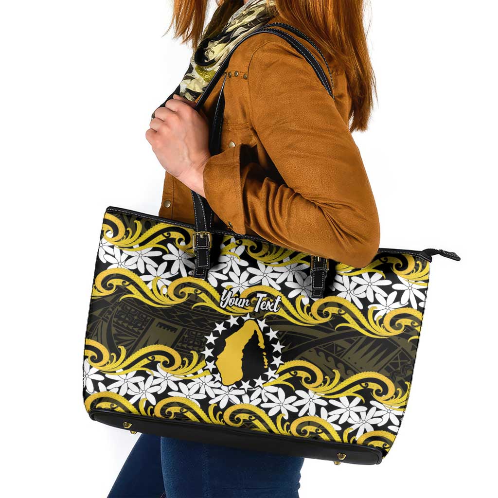 Personalised Cook Islands Aitutaki Leather Tote Bag Tiare Maori Polynesian Waves Tattoo LT14 Yellow - Polynesian Pride