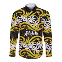 Personalised Cook Islands Aitutaki Long Sleeve Button Shirt Tiare Maori Polynesian Waves Tattoo LT14 Unisex Yellow - Polynesian Pride