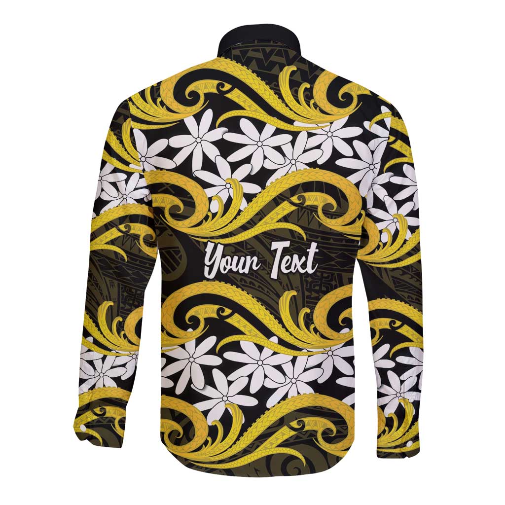 Personalised Cook Islands Aitutaki Long Sleeve Button Shirt Tiare Maori Polynesian Waves Tattoo LT14 - Polynesian Pride