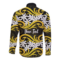 Personalised Cook Islands Aitutaki Long Sleeve Button Shirt Tiare Maori Polynesian Waves Tattoo LT14 - Polynesian Pride