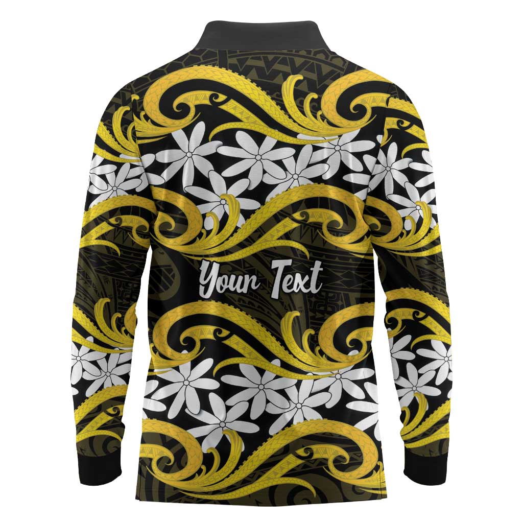 Personalised Cook Islands Aitutaki Long Sleeve Polo Shirt Tiare Maori Polynesian Waves Tattoo LT14 - Polynesian Pride