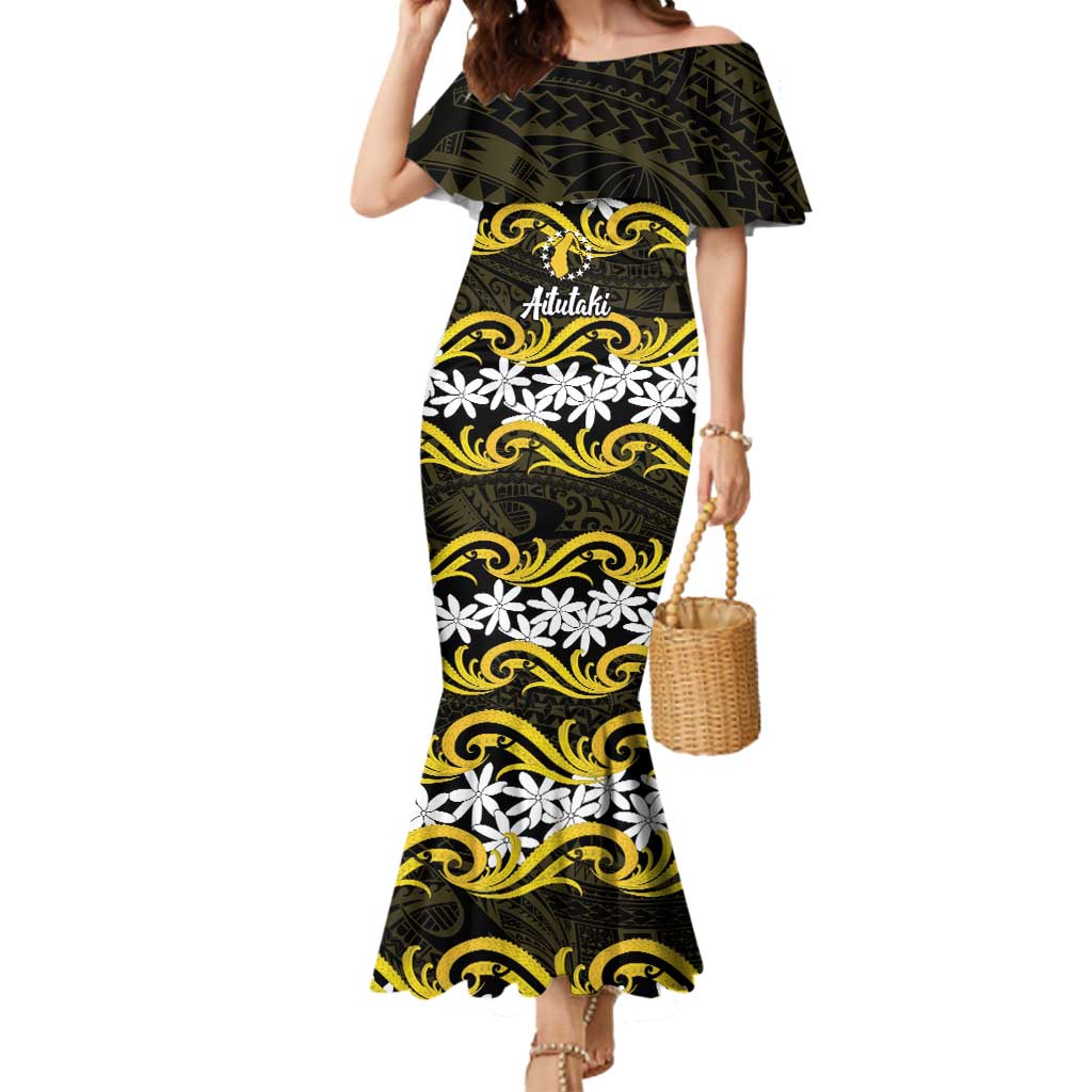 Personalised Cook Islands Aitutaki Mermaid Dress Tiare Maori Polynesian Waves Tattoo LT14 Women Yellow - Polynesian Pride