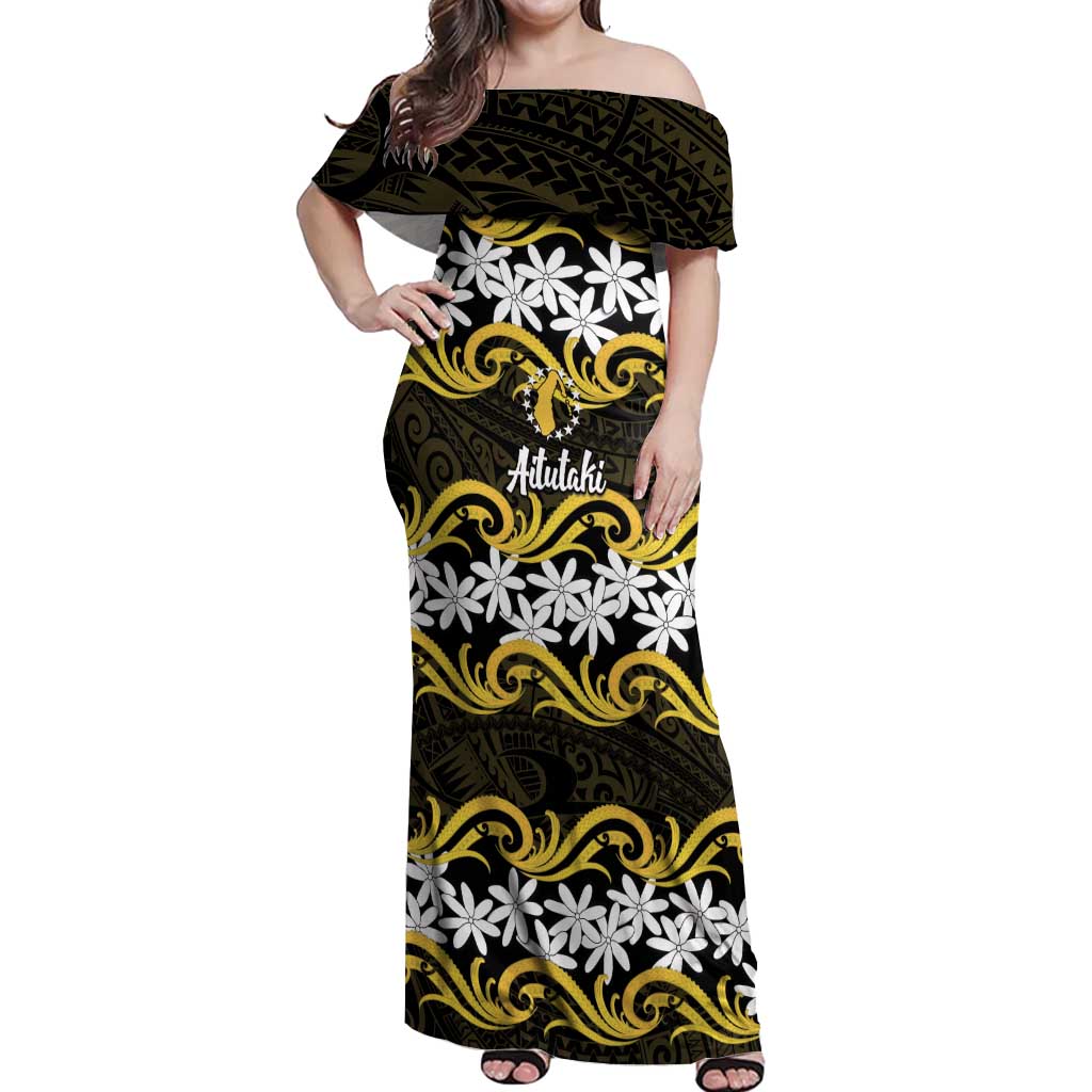 Personalised Cook Islands Aitutaki Off Shoulder Maxi Dress Tiare Maori Polynesian Waves Tattoo LT14 Women Yellow - Polynesian Pride