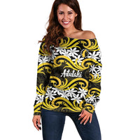 Personalised Cook Islands Aitutaki Off Shoulder Sweater Tiare Maori Polynesian Waves Tattoo LT14 Women Yellow - Polynesian Pride