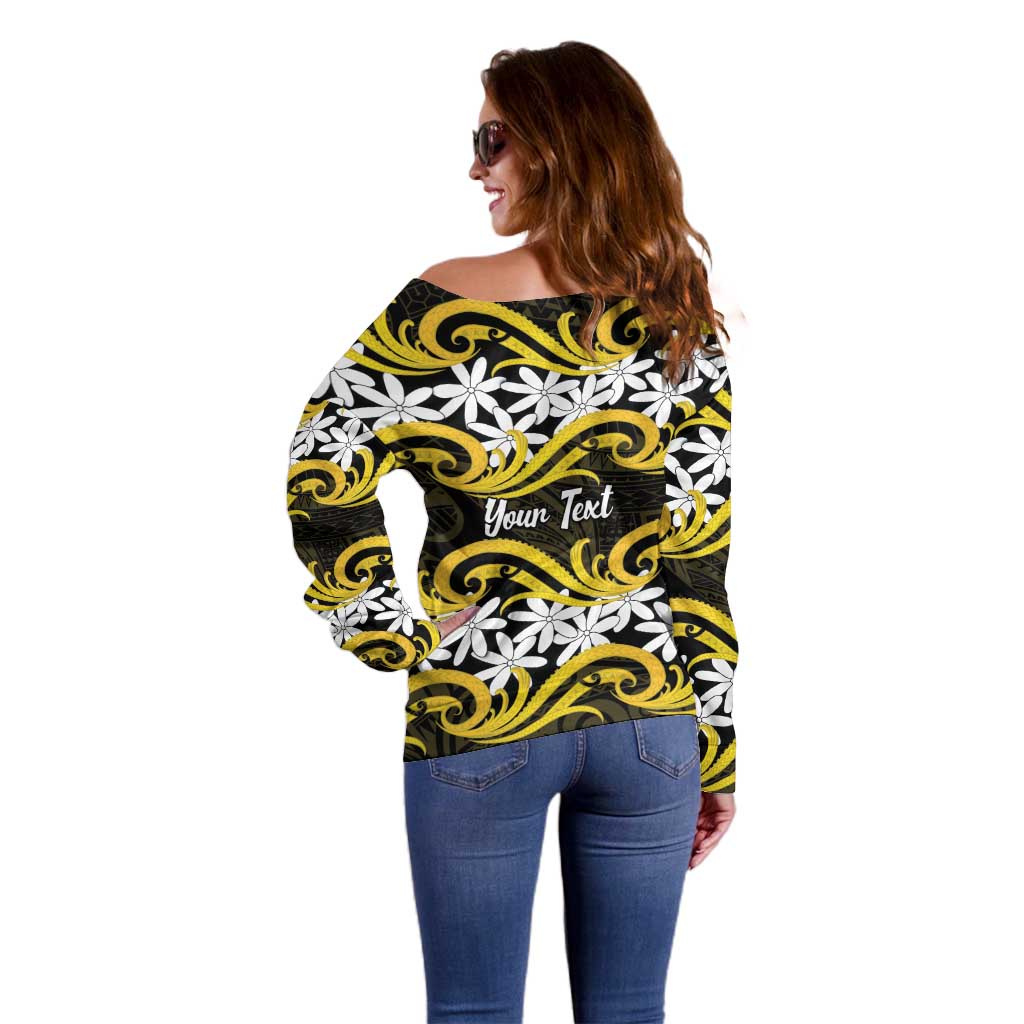 Personalised Cook Islands Aitutaki Off Shoulder Sweater Tiare Maori Polynesian Waves Tattoo LT14 - Polynesian Pride