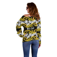 Personalised Cook Islands Aitutaki Off Shoulder Sweater Tiare Maori Polynesian Waves Tattoo LT14 - Polynesian Pride