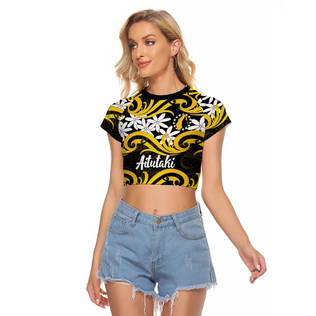 Personalised Cook Islands Aitutaki Raglan Cropped T Shirt Tiare Maori Polynesian Waves Tattoo LT14 Female Yellow - Polynesian Pride