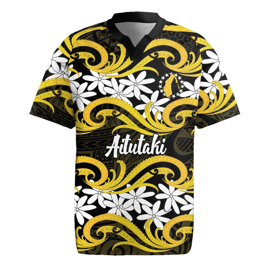 Personalised Cook Islands Aitutaki Rugby Jersey Tiare Maori Polynesian Waves Tattoo