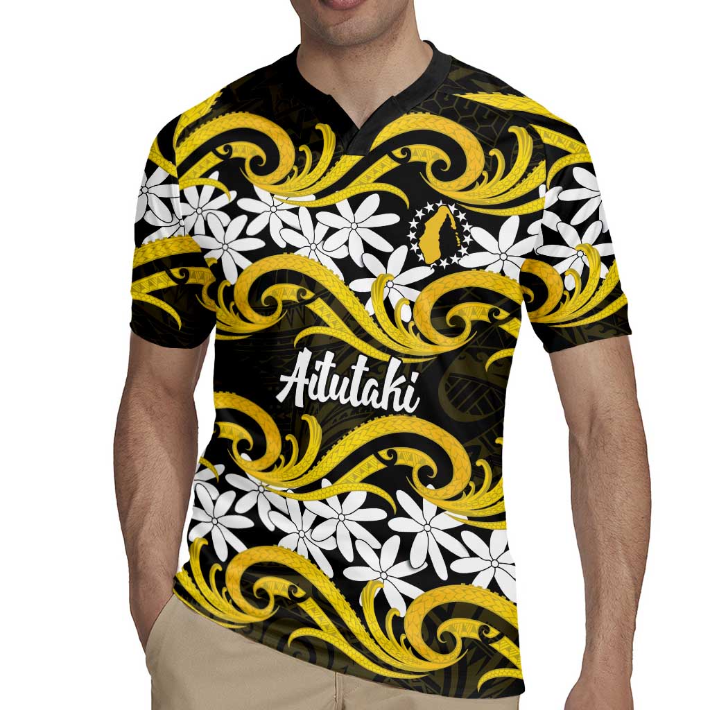 Personalised Cook Islands Aitutaki Rugby Jersey Tiare Maori Polynesian Waves Tattoo