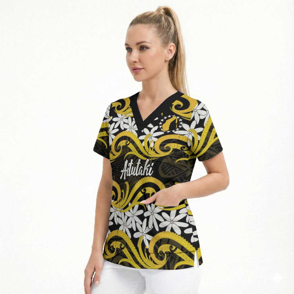 Personalised Cook Islands Aitutaki Scrub Top Tiare Maori Polynesian Waves Tattoo LT14 - Polynesian Pride